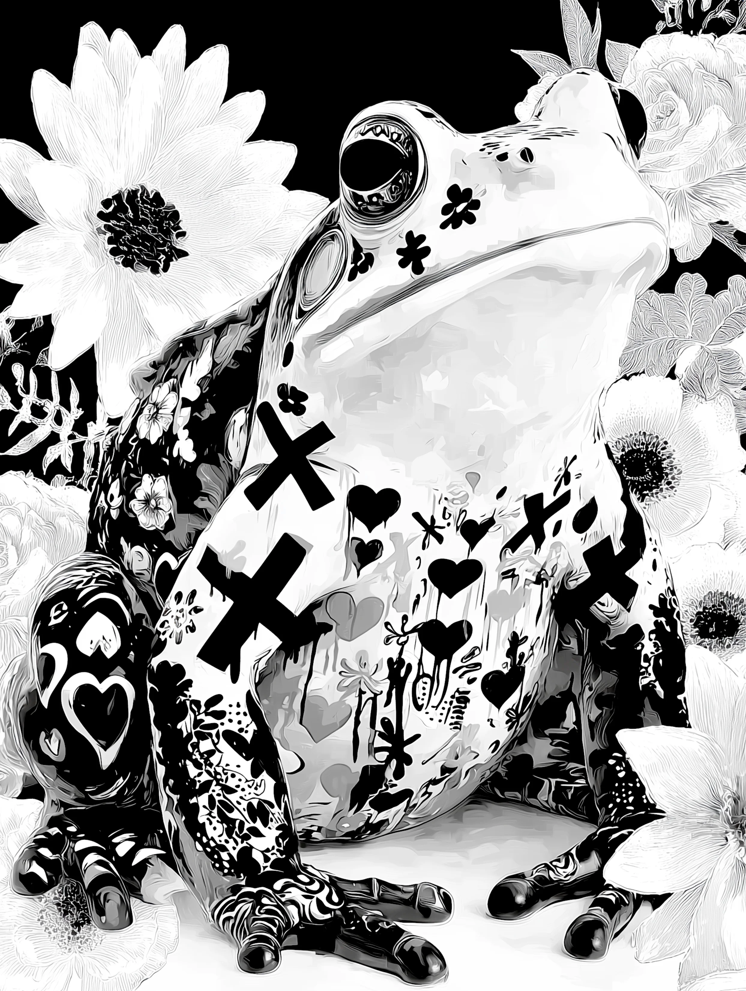 Free printable frog coloring page for adults featuring a coloring page of a frog with x marks